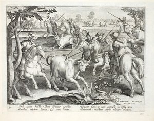 Jinetes sardos capturan toros con cuerdas, ilustración de 